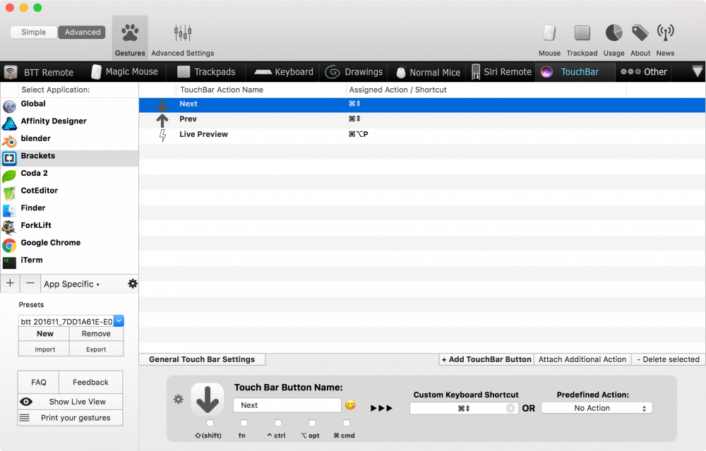 BettorTouchTool設定画面