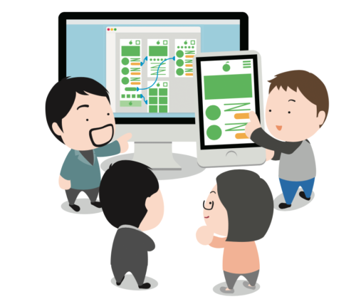 PCやスマートフォなの周りに集まる人のイラスト
