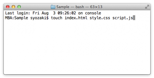 ターミナル: touch index.html style.css script.js